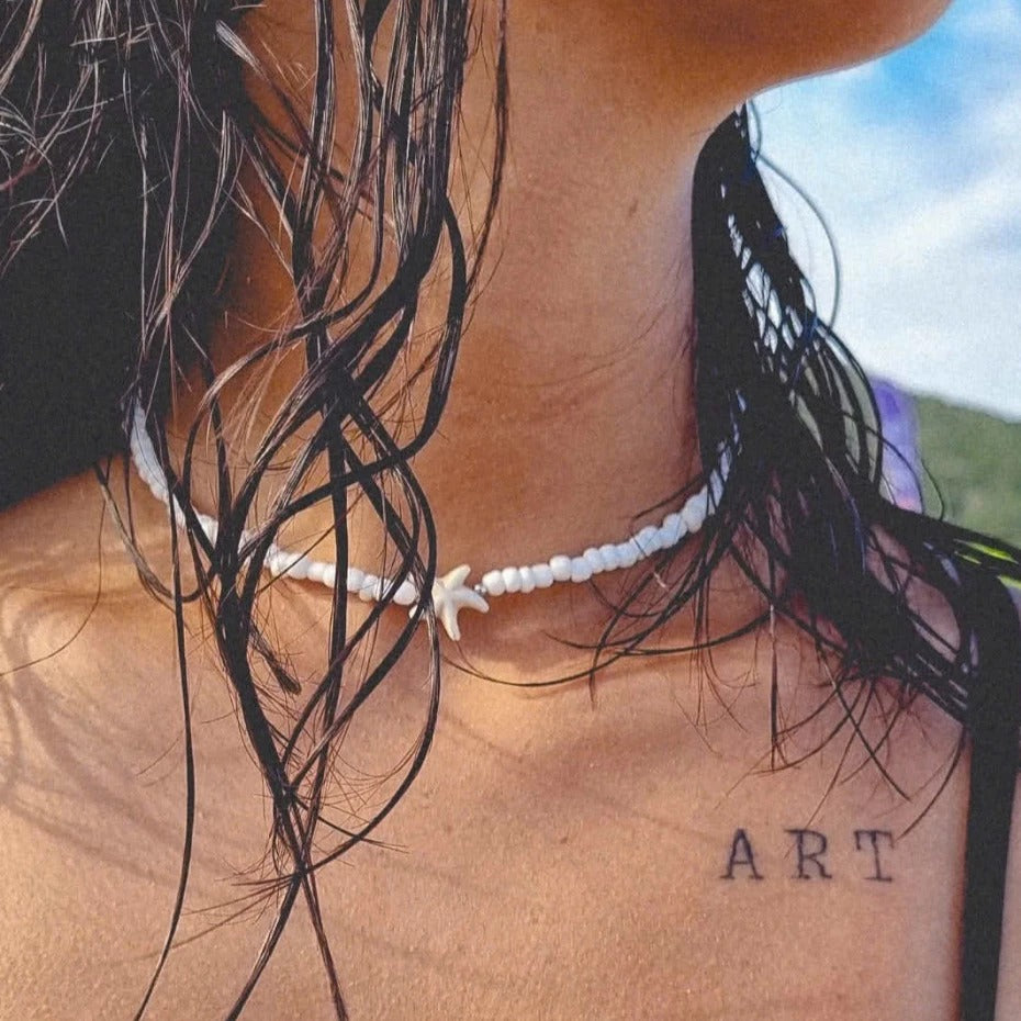 Minimalist White Beaded Necklace with Starfish Pendant – Handmade Jewelry