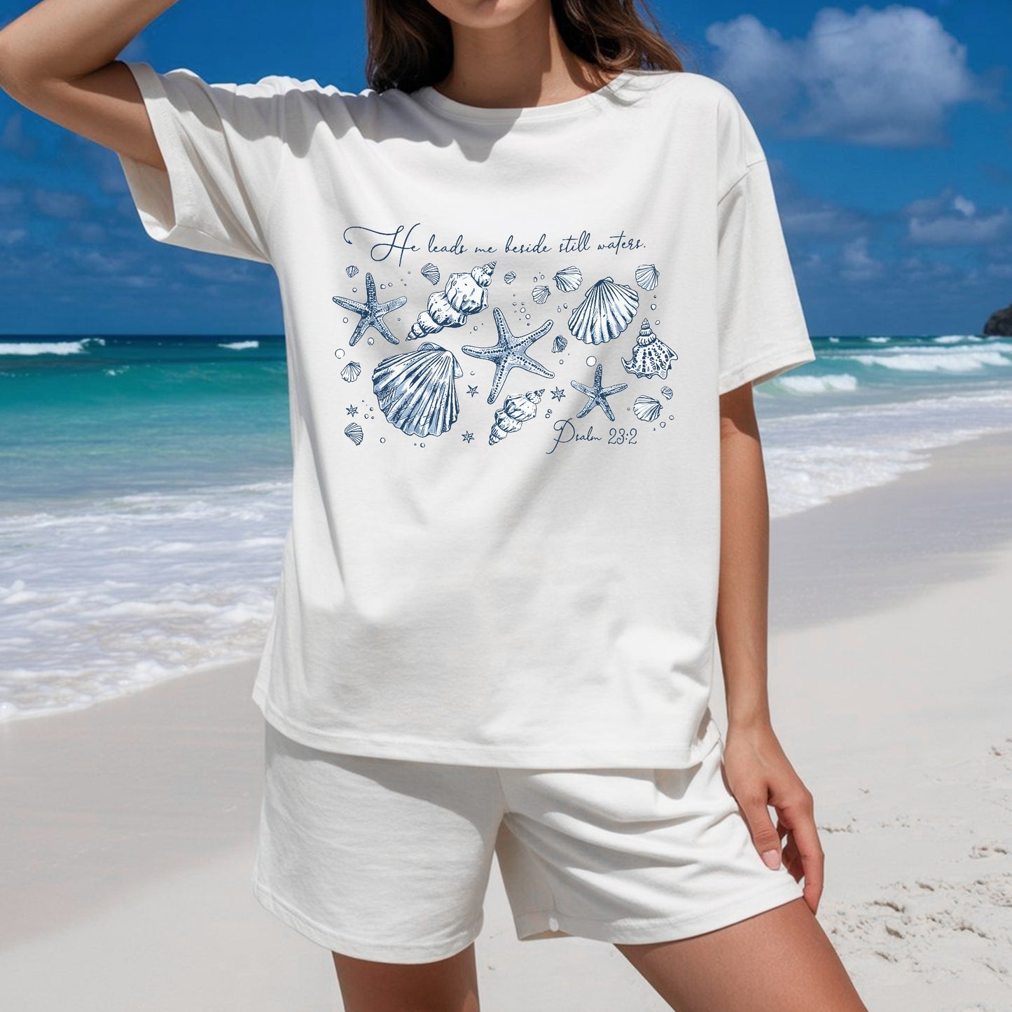 Peaceful Ocean, Faithful Heart Seashell Psalm T-Shirt