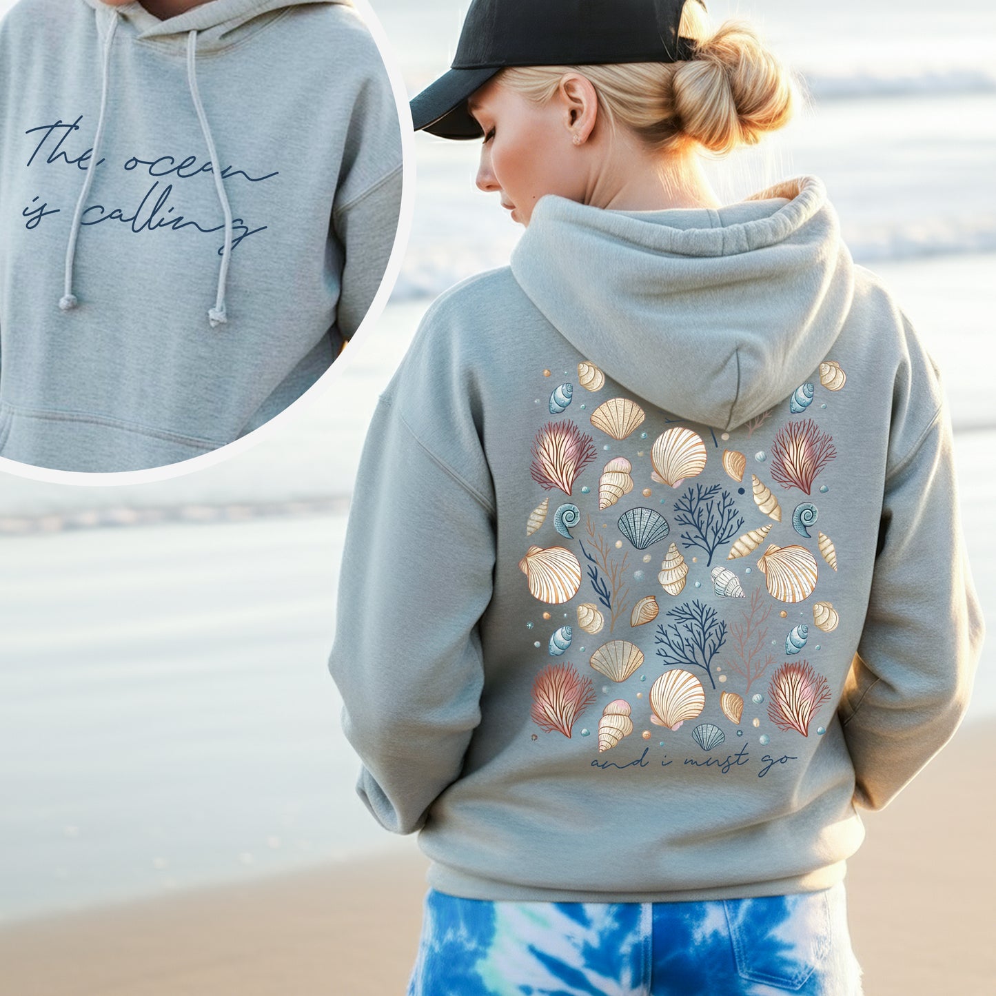 "The Ocean Is Calling" Seashell Tee – Two-Sided Coastal Design - T-Shirt/Hoodie