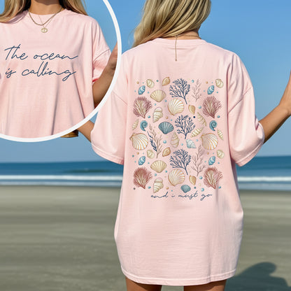 "The Ocean Is Calling" Seashell Tee – Two-Sided Coastal Design - T-Shirt/Hoodie
