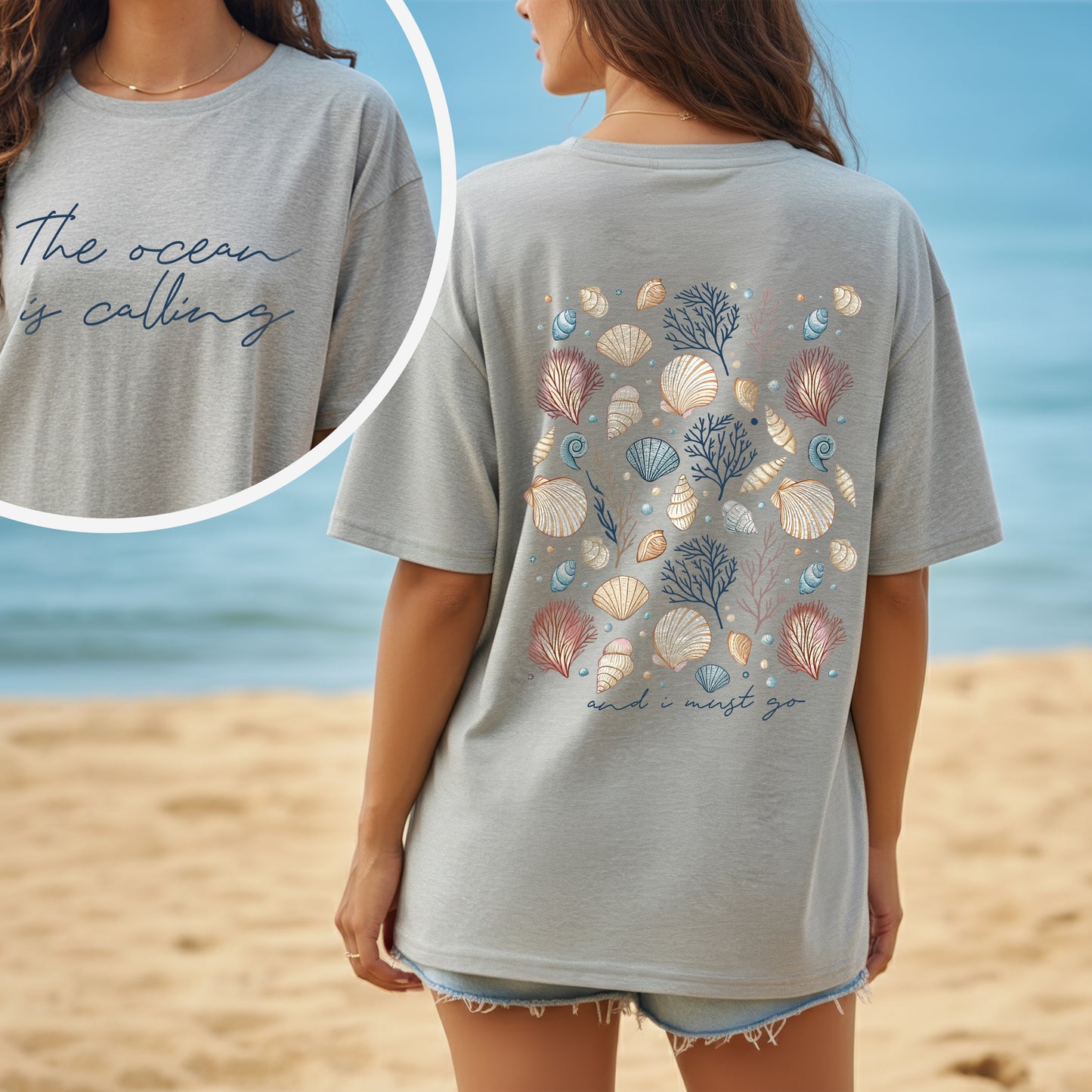 "The Ocean Is Calling" Seashell Tee – Two-Sided Coastal Design - T-Shirt/Hoodie