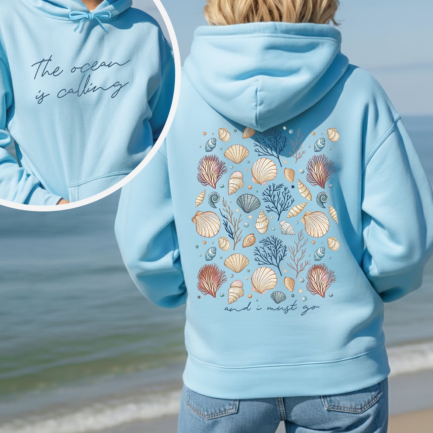 "The Ocean Is Calling" Seashell Tee – Two-Sided Coastal Design - T-Shirt/Hoodie