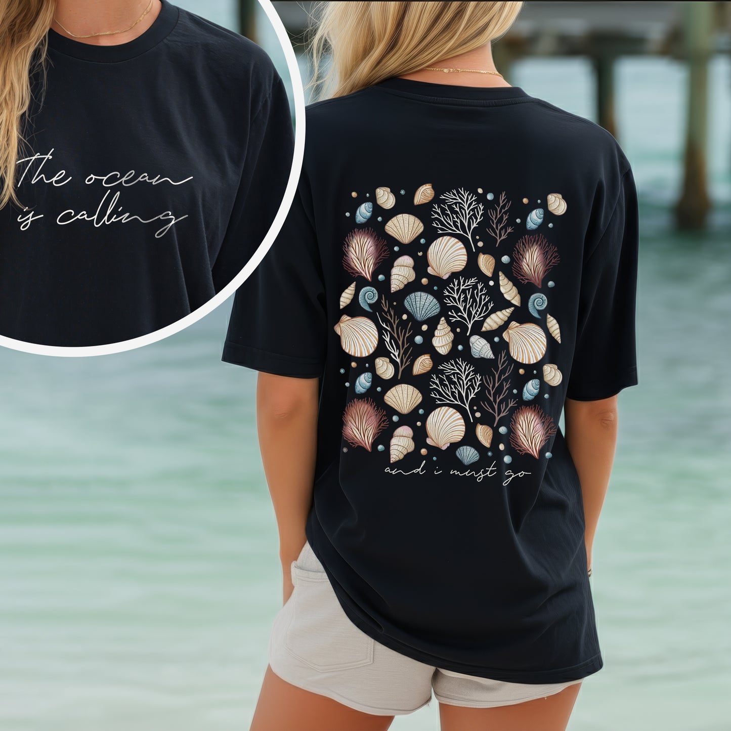 "The Ocean Is Calling" Seashell Tee – Two-Sided Coastal Design - T-Shirt/Hoodie