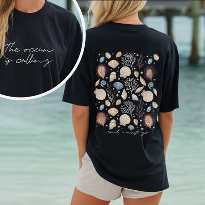 "The Ocean Is Calling" Seashell Tee – Two-Sided Coastal Design - T-Shirt/Hoodie