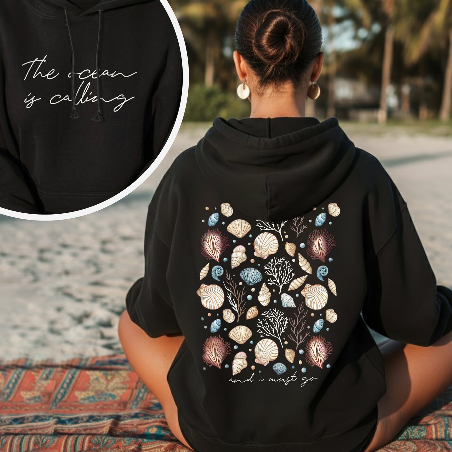 "The Ocean Is Calling" Seashell Tee – Two-Sided Coastal Design - T-Shirt/Hoodie