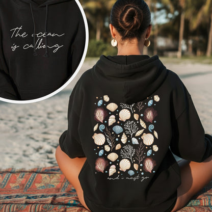 "The Ocean Is Calling" Seashell Tee – Two-Sided Coastal Design - T-Shirt/Hoodie