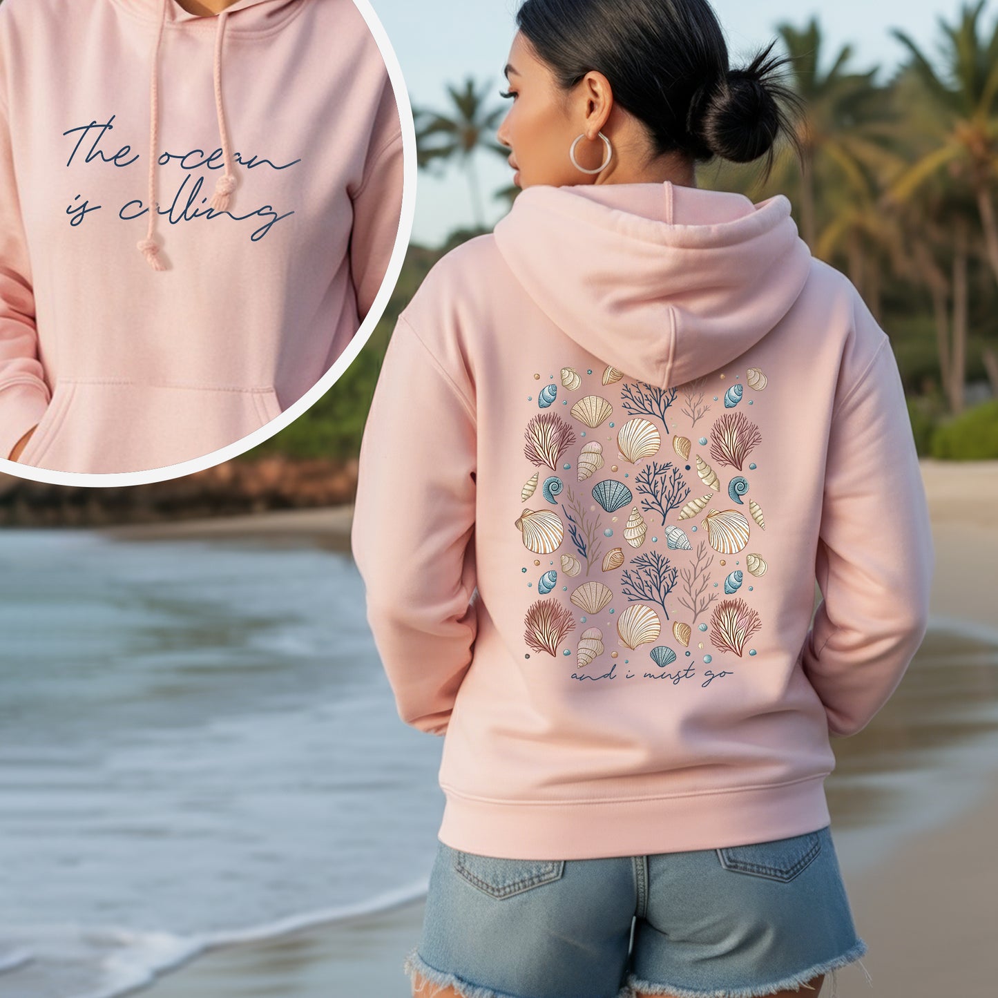 "The Ocean Is Calling" Seashell Tee – Two-Sided Coastal Design - T-Shirt/Hoodie