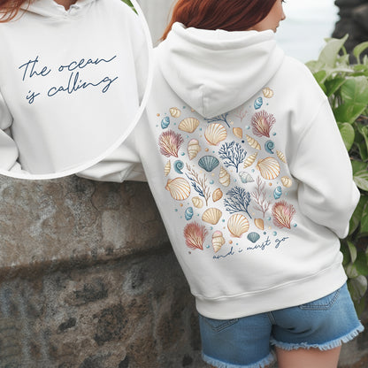 "The Ocean Is Calling" Seashell Tee – Two-Sided Coastal Design - T-Shirt/Hoodie