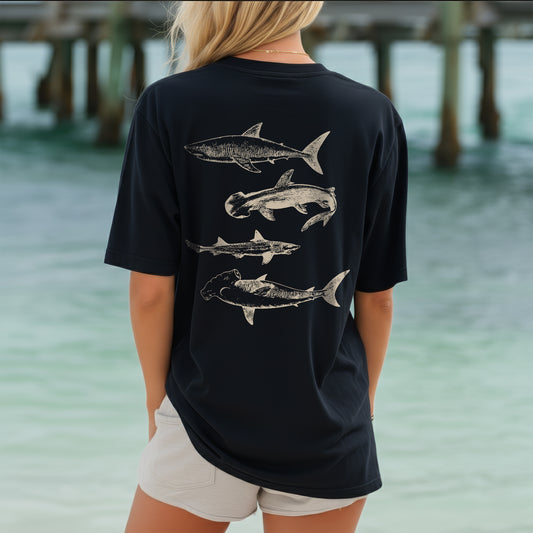 Ocean Sharks Graphic T-Shirt – Coastal Beach Tee for Ocean Lovers