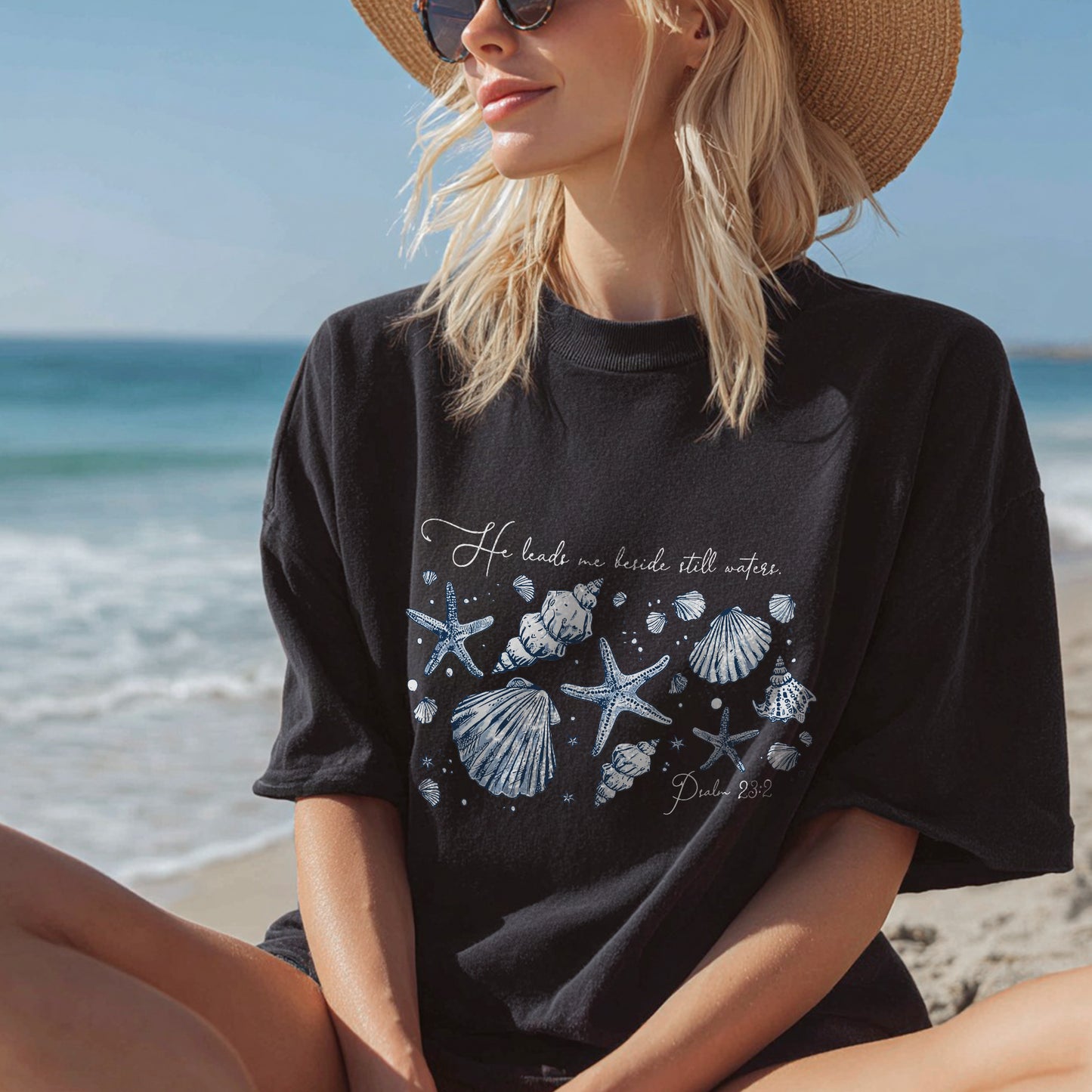 Peaceful Ocean, Faithful Heart Seashell Psalm T-Shirt