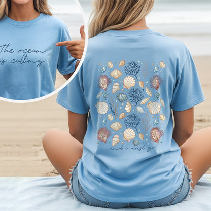 "The Ocean Is Calling" Seashell Tee – Two-Sided Coastal Design - T-Shirt/Hoodie