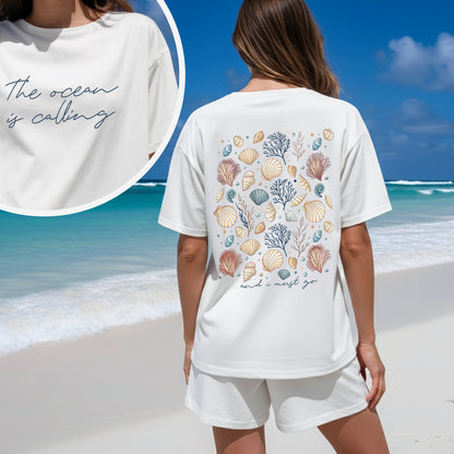 "The Ocean Is Calling" Seashell Tee – Two-Sided Coastal Design - T-Shirt/Hoodie