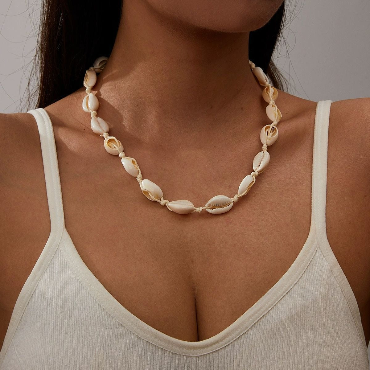 Natural Cowrie Shell Necklace with Adjustable White Cord – Boho Beach Style