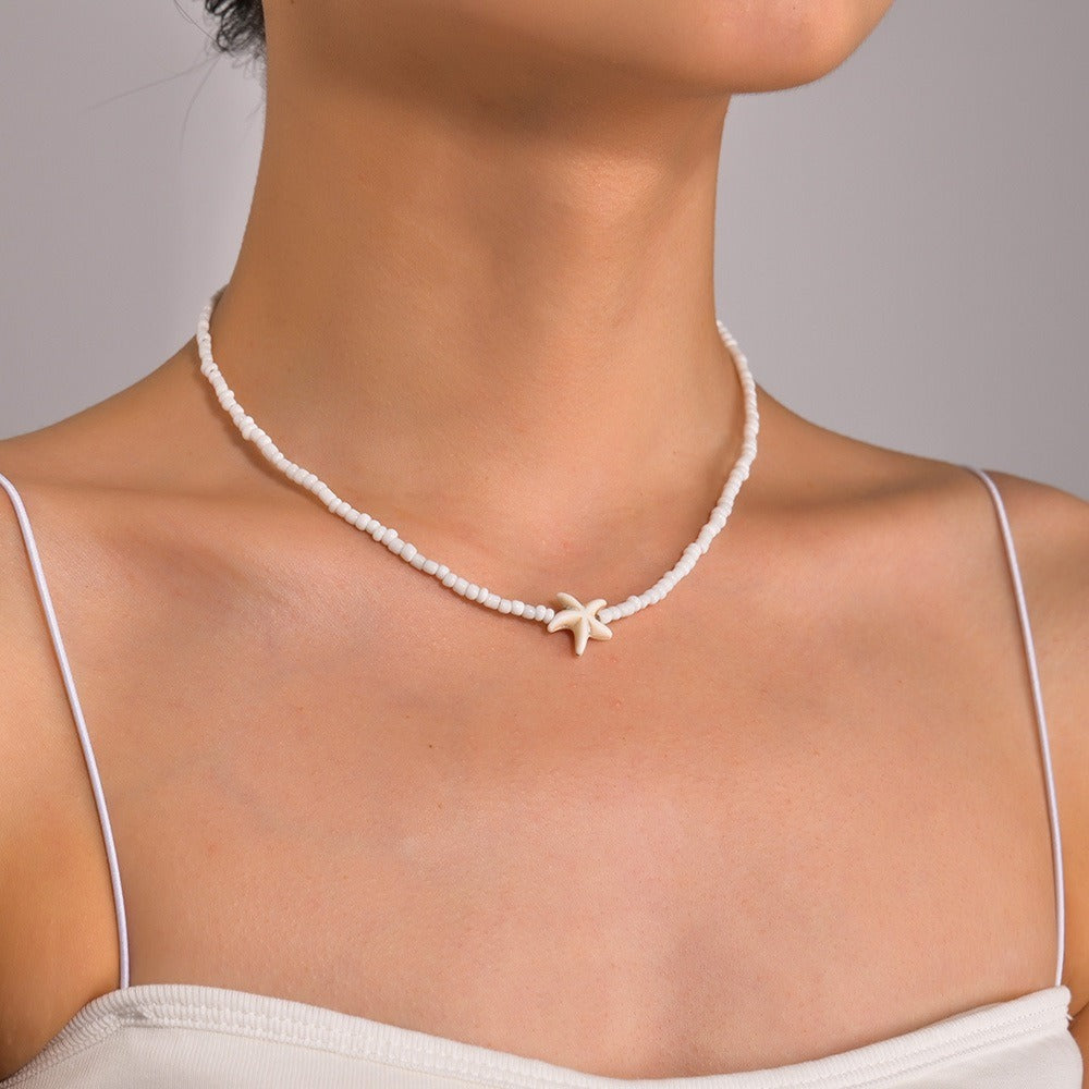 Minimalist White Beaded Necklace with Starfish Pendant – Handmade Jewelry