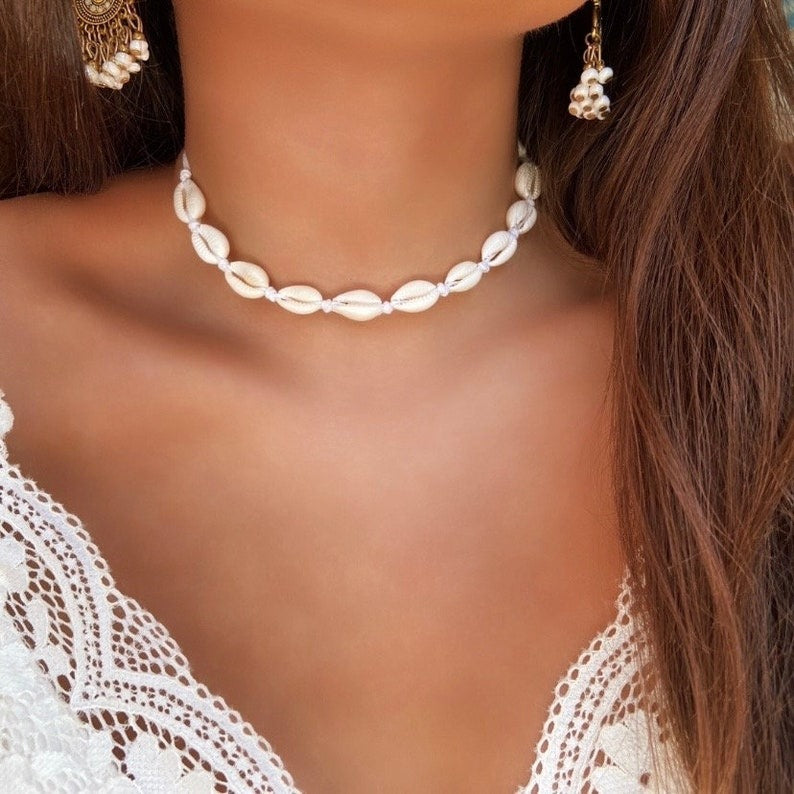 Natural Cowrie Shell Necklace with Adjustable White Cord – Boho Beach Style