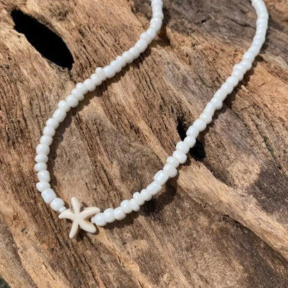 Minimalist White Beaded Necklace with Starfish Pendant – Handmade Jewelry